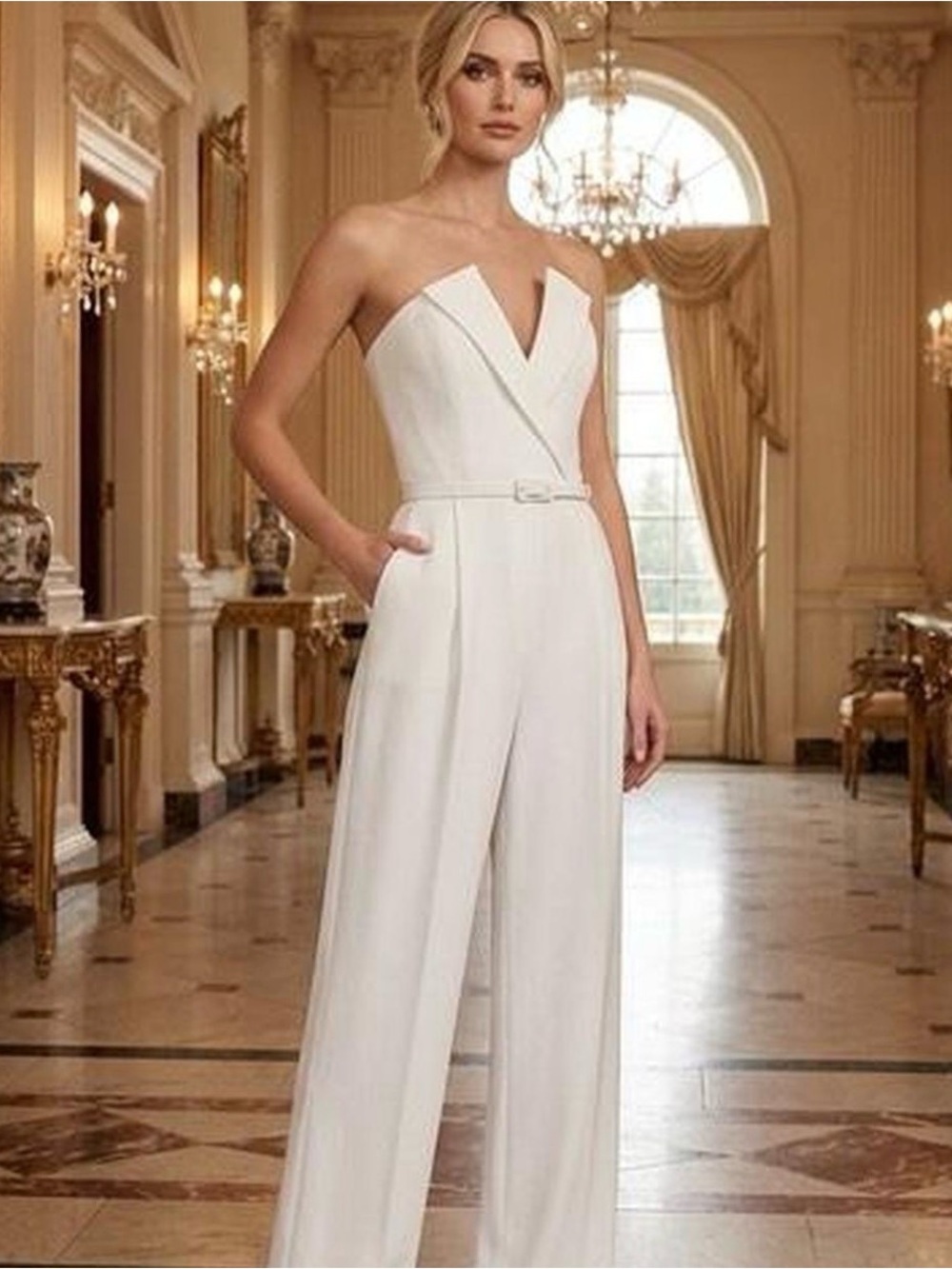 NADINE MERABI Ivory Strapless Wide-Leg Jumpsuit